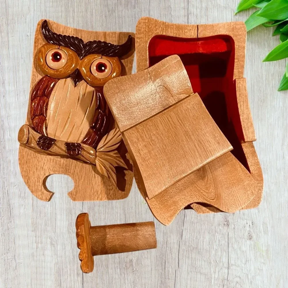 Owl Wood Puzzle Trinket Jewelry Box